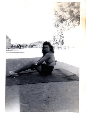 1940s Woman In Bathing Suit Sitting On Blanket Outdoor Summer Vintage Photo