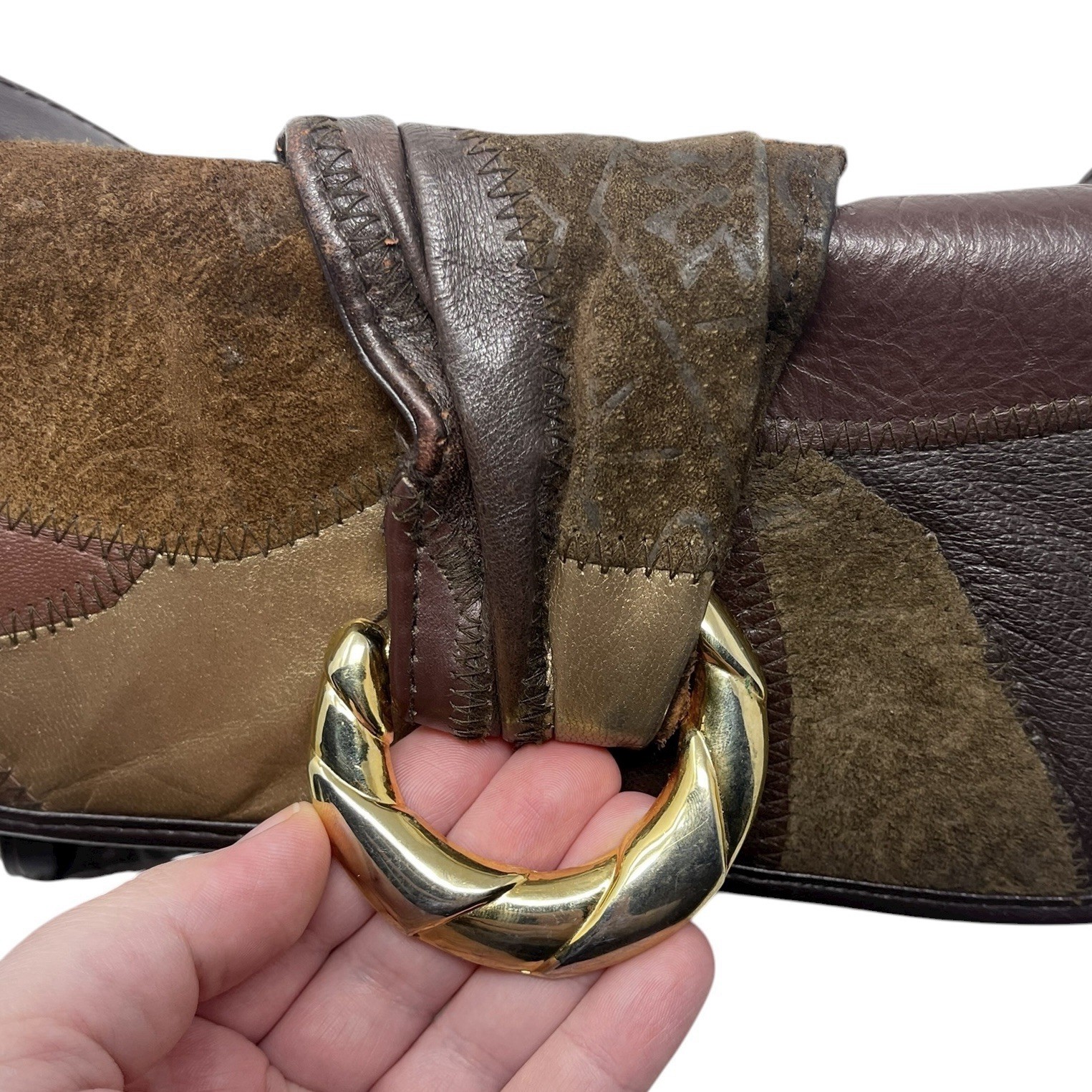 Vintage Fold Over Leather Patchwork Colorblock Cr… - image 3