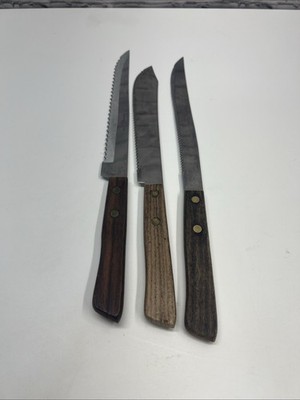 Stainless steel serrated Knives. Made in Japan, Wooden handles