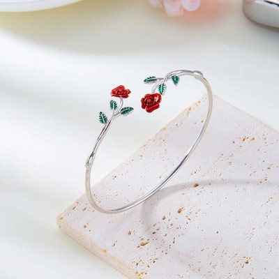 Rose Flower Bracelet Ring Set Women Vintage Red Drip Oil Open Adjustable Jewelry