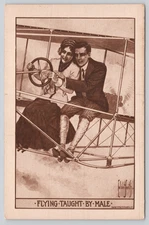 Postcard Woman Flying Taught by Male 1910 Early Aviation Humor - J Cavert Smith