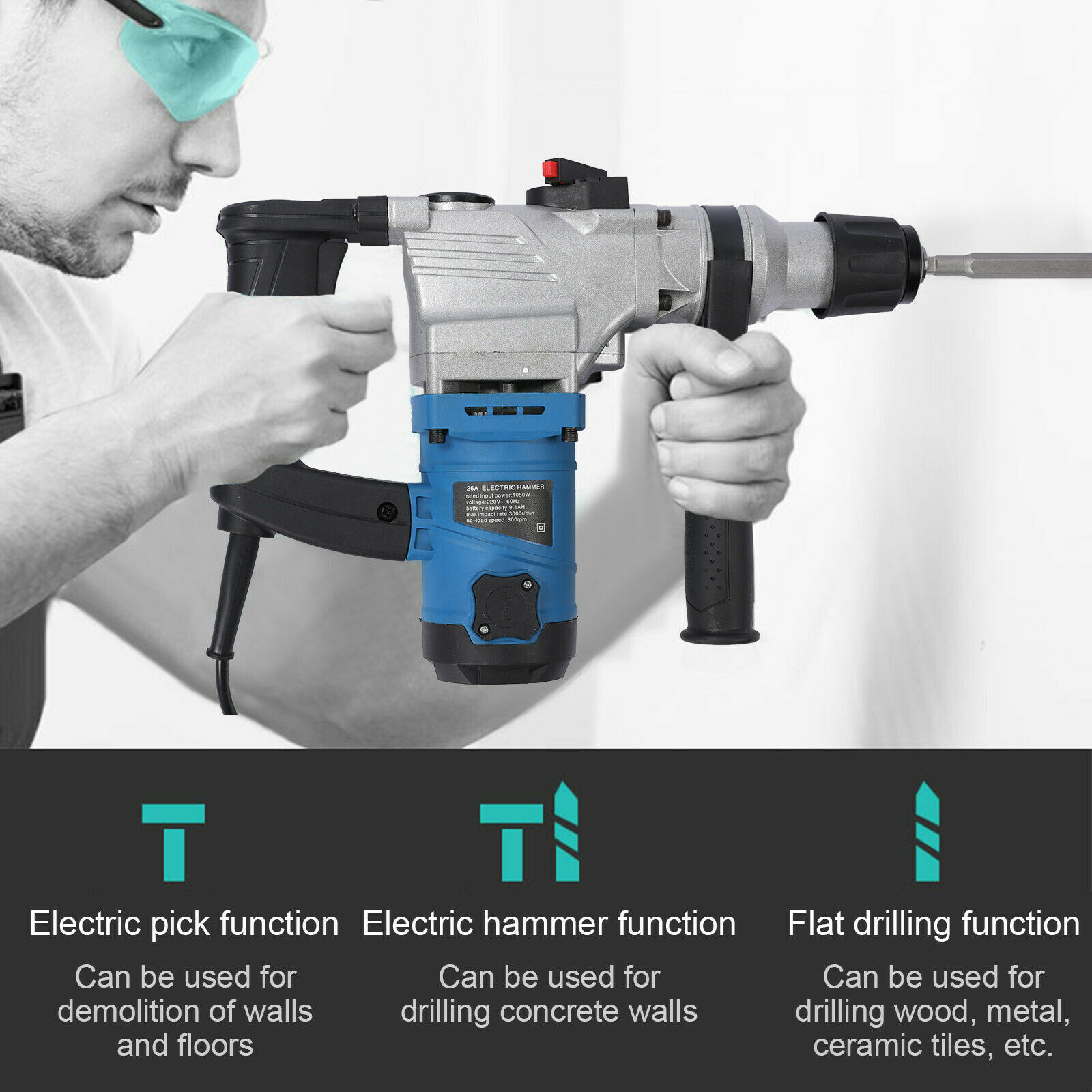 Electric Rotary Jack Hammer Drill Demolition Breaker SDS Plus Chisel