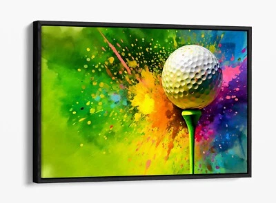 GOLF BALL ON TEE GREEN AND BLUE SPLASH FLOAT EFFECT CANVAS WALL ART PIC PRINT - Image 1 of 4