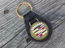 1950s Cadillac Crest NOS Leather Key Fob Antique Gold Medallion Unique Quality