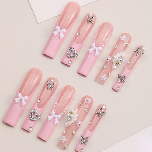 Handmade False Nail Cute Pink French Long Press on Nails for Nail Art 10pcs - Picture 29 of 35