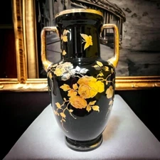 Two-Handled Black Vase With Gold Roses, Leaves & Butterfly. Also, Has Gold Trim