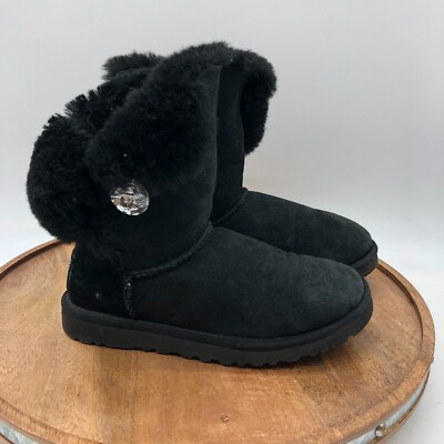 UGG Boots Womens 5 Bailey Button Bling Shearing Black Suede Mid Calf Fur 3349