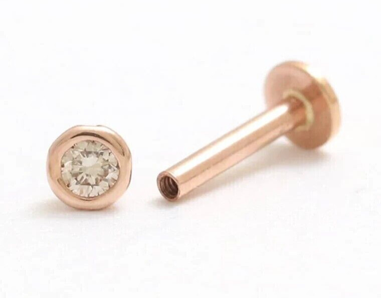 Juego de bisel redondo de oro rosa de 14 K para mujer diamante natural nariz perforada pin de bola