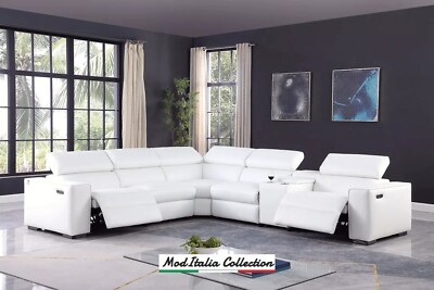 GENUINE 136'' Italian Leather Sectional Power Recliner White Contemporary Living