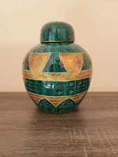 vintage green and gold ceramic vase 10.5 inch H