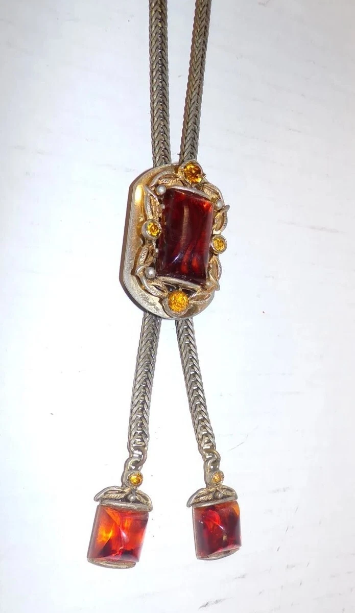 Antique Gold Tone Slide Necklace Tassels Amber Yellow Rhinestones Plated Vintage