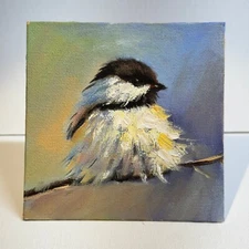 Cute Black Capped Chikadee Oil painting on 4x4 inch canvas with frames option