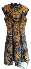 LUXURY DRESS SIZE 8-10 by CHI-CHI, TEXTURED, SHORT SLEEVE, NAVY-GOLD