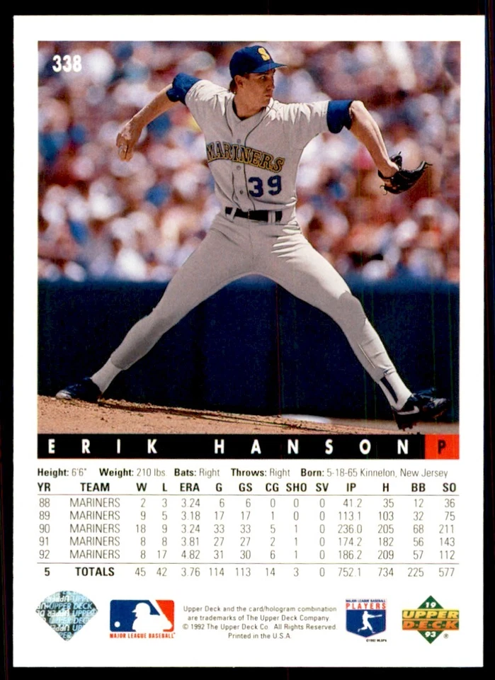 1993 Upper Deck: Erik Hanson Baseball Cards #338 - Image 2 of 2
