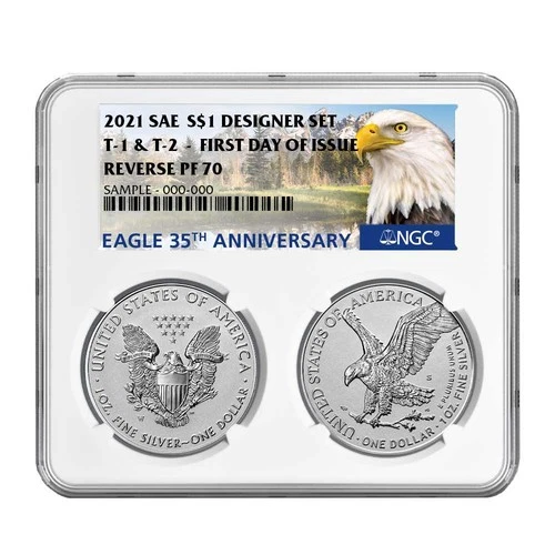 2pc Set - 2021 $1 1-oz Reverse Proof American Silver Eagle Designer NGC PF70