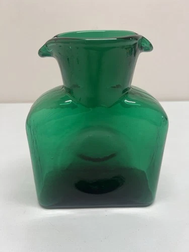 BLENKO Hand Blown Glass VINTAGE Emerald Green Double Spout DECANTER VASE