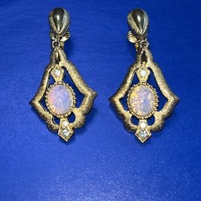 Vintage Crown Trifari Pave Rhinestone & Faux Opal Dangle Gold Tone Clip Earrings