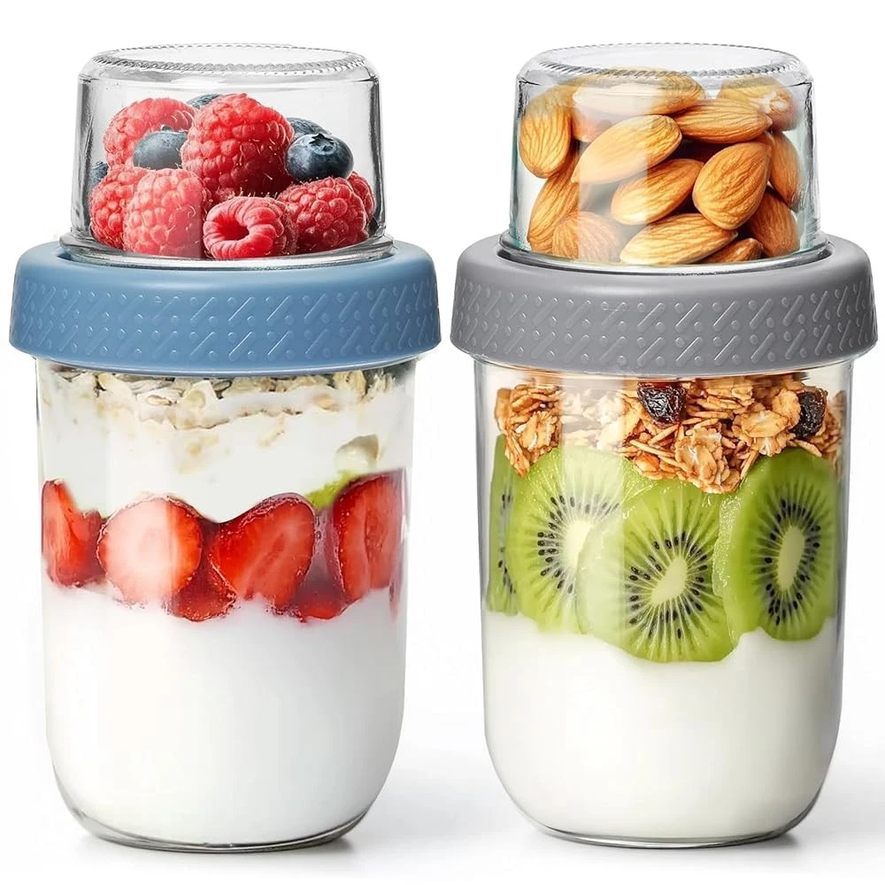 2 Pack Glass Yogurt Parfait Cups with Lids, 16+4oz Reusable Containers with D...