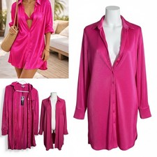 Hot Pink Satin Button Down Shirt Dress Pleated Long Sleeve Blouse Women Medium