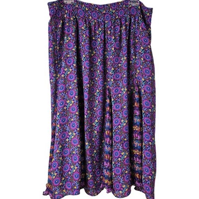 Diane Freis Vintage Floral Purple Pleated Boho Midi Skirt Mixed Pattern Flowy