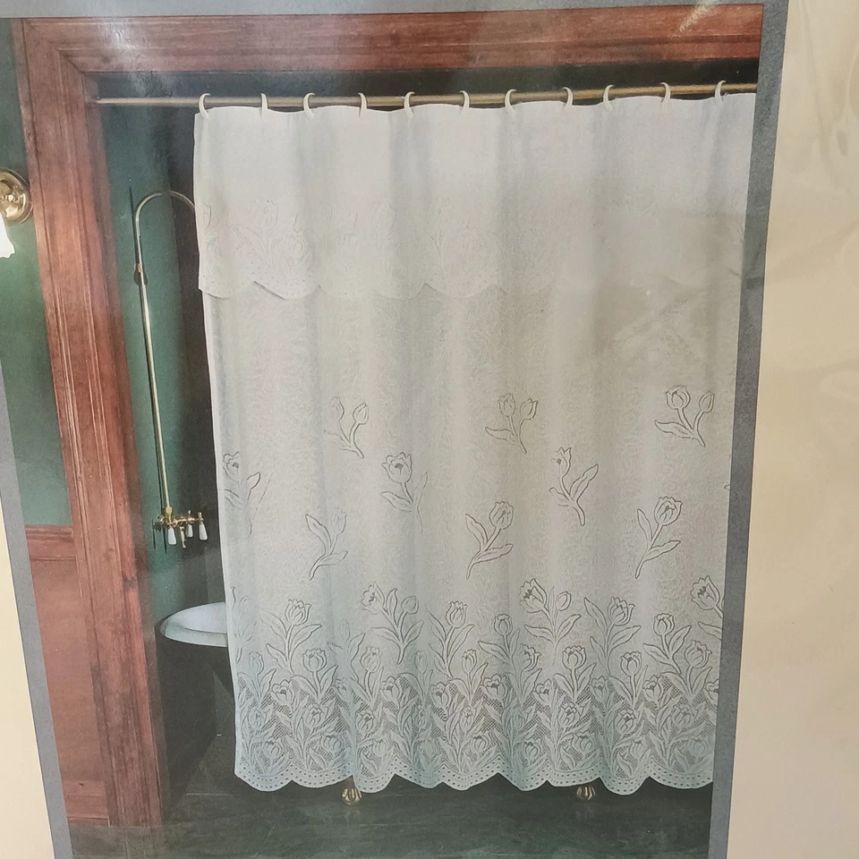 NOS Ex Cell 时尚 Colleen 织物白色浴帘郁金香花边 70x72 — 第 2/4 张图片