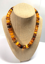 Baltic Amber Cube Bead Knotted Necklace Genuine 18" Honey Brown Yellow Golden
