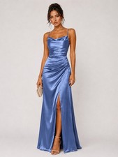 Blue Satin Ruched Mermaid Prom Dress Spaghetti Strap Formal Evening Gown Size 2