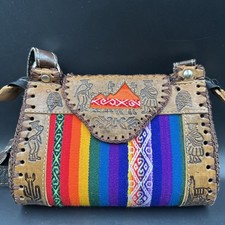 Peruvian Leather Hand Tooled Tribal/Llama Earth Crossbody Adjustable Strap Purse