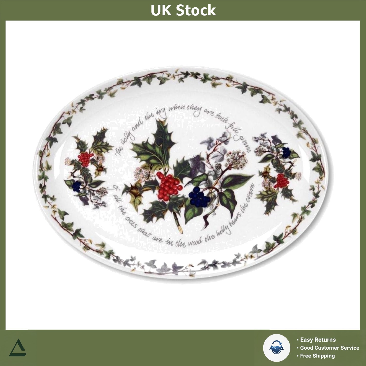 Elegant Festive Holly And Ivy Oval Ceramic Serving Platter Dish Plate 33cm