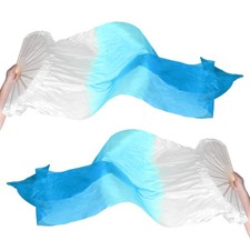 1 Pair Women Folding Belly Dance Silk Veil 59", White Gradient Lake Blue