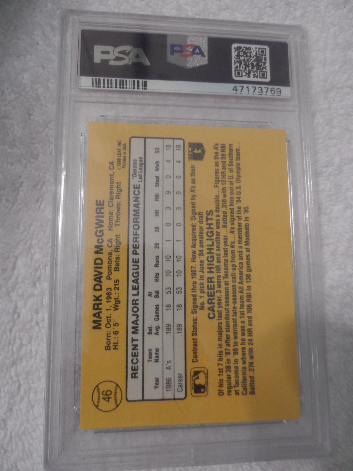 1987 Donruss #46 Mark McGwire Oakland A's RC Rookie PSA 10 GEM MT view 2