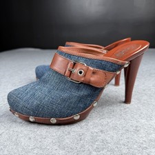 Vintage Dolce & Gabbana D&G Blue Denim Brown Mule Studded Clog Heels Size 40.5
