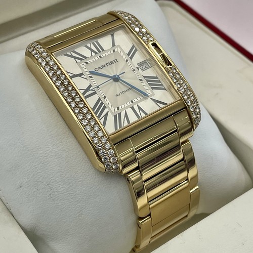CARTIER TANK ANGLAISE XL YELLOW GOLD SILVER DIAL DIAMOND BEZEL...