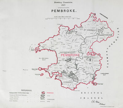 Pembroke Parliamentary County. Wales. GRENZKOMMISSION. Schließen 1917 alte Karte