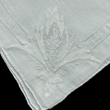 VINTAGE Cotton Hankie Hand Applique Punchwork White on White Large H508