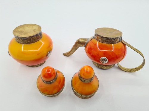 Rare Antique Small Kettle Teapot Jug with Lid Brass Orange Plastic Beautiful - Picture 7 of 11