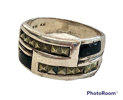 Vintage 925 TH Kg Sterling Silver Band Ring w/ Diamond Cut and Black Onyx Detail | eBay Vintage 925 TH Kg Sterling Silver Band Ring w/ Diamond Cut and Black Onyx Detail | eBay