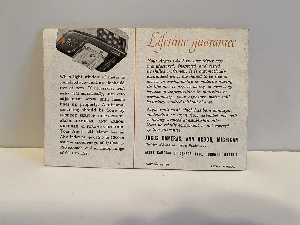 Argus L-44 Clip-On Exposure Meter Instructions Vintage 2111-574 - Image 2 of 2