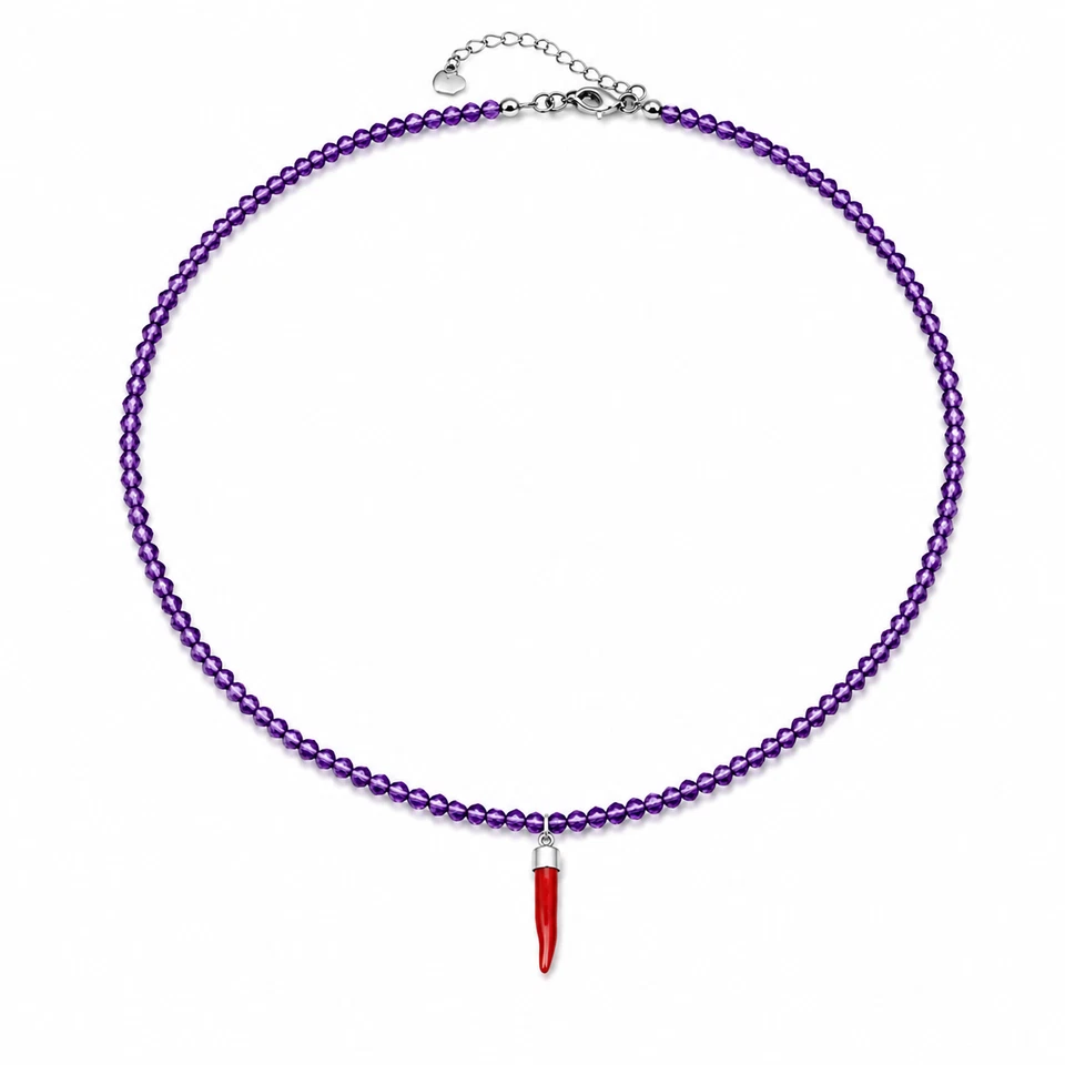 Collier en cristaux d'améthyste avec corne en corail et fermeture en acier - Photo 1/1