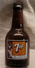 Early ACL and Embossed AMBER SQUAT 7-UP Bottle Houston, Texas W Bubble Girl Nice