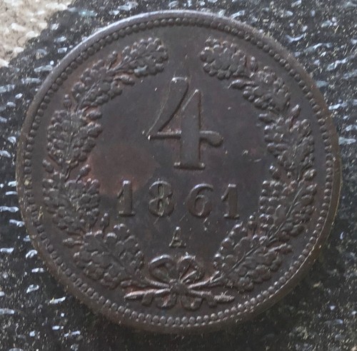 1861A 4 Scheidemunze, Austria, nice higher grade toned copper coin.