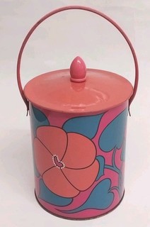 Baret Ware Hisbiscus Barrel / Tin 1960/70s. Pink Coral Blue Flowers Psychedelic