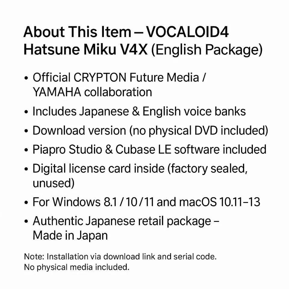 VOCALOID4 Hatsune Miku V4X ENGLISH PACKAGE DVD / Download Ver. CRYPTON Japan New - Image 2 of 4