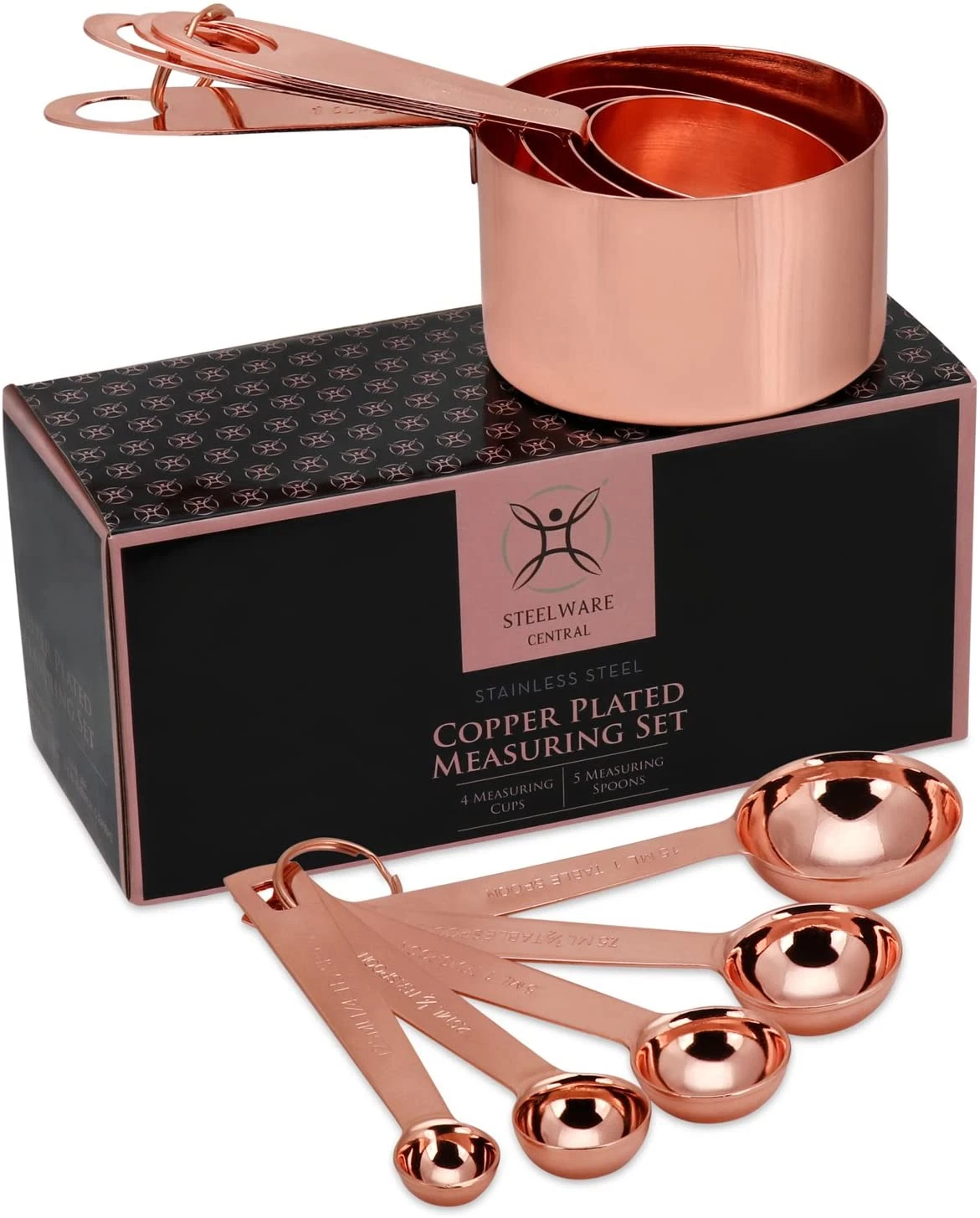 Copper Measuring Cups and Spoons Stainless Steel 9 Pieces with 2 Rings