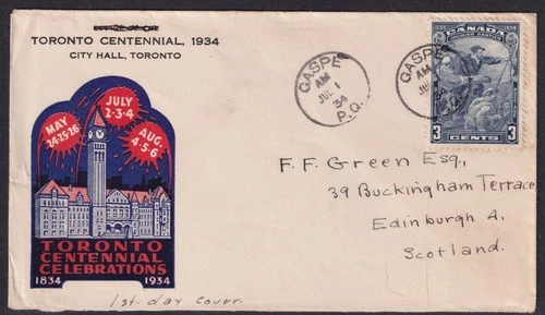 CANADA First Day Cover  POSTMARK  "CASPE  P,Q."  1934   CARTIER 1534-1934 stamp