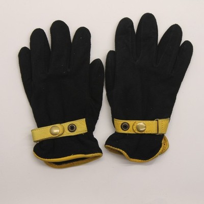 Retro Black Winter Gloves Yellow Leather Trim Clasp