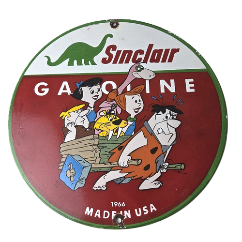 Vintage Sinclair Porcelain Sign - Flintstones Cave Man Gasoline Gas Station Sign