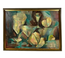 ZORA STEENSON CUBIST WINE FRUIT STILL LIFE ABSTRACT MID CENTURY MCM OIL PAINTING