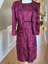 Abito vestito donna vintage 2 pezzi taglia 16 fucsia paisley formale giacca cocktail