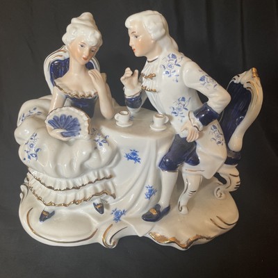 Vintage Large Porcelain Statuette Victorian Couple Blue White